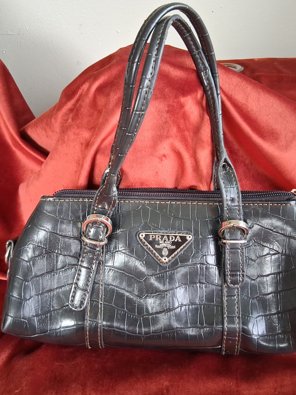 Prada Black Croc-Embossed Shoulder Bag with Silver Hardware